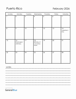 Current month calendar with Puerto Rico holidays for February 2026