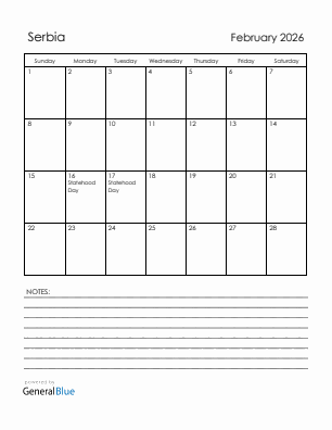 Current month calendar with Serbia holidays for February 2026
