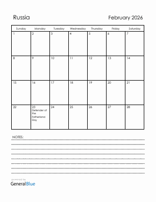 Current month calendar with Russia holidays for February 2026