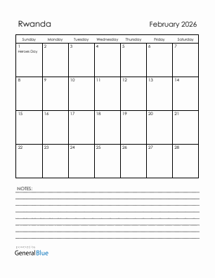 Current month calendar with Rwanda holidays for February 2026