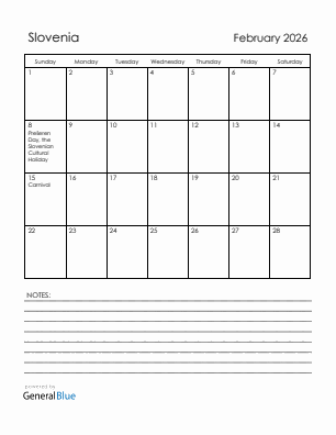 Current month calendar with Slovenia holidays for February 2026