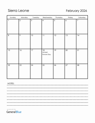 Current month calendar with Sierra Leone holidays for February 2026