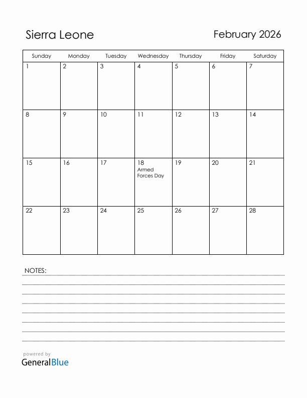 February 2026 Sierra Leone Calendar with Holidays (Sunday Start)