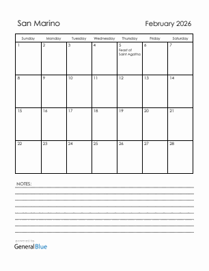 Current month calendar with San Marino holidays for February 2026
