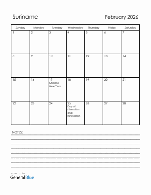 Current month calendar with Suriname holidays for February 2026