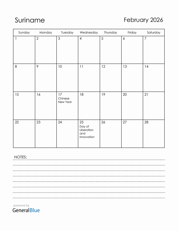 February 2026 Suriname Calendar with Holidays (Sunday Start)