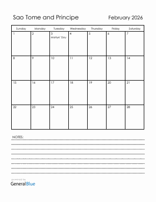 Current month calendar with Sao Tome and Principe holidays for February 2026