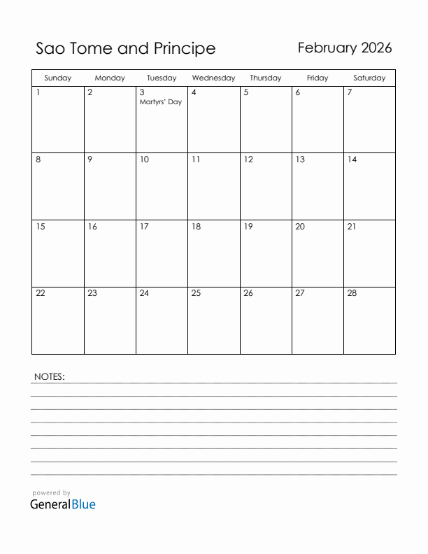 February 2026 Sao Tome and Principe Calendar with Holidays (Sunday Start)