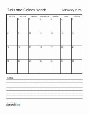 Current month calendar with Turks and Caicos Islands holidays for February 2026