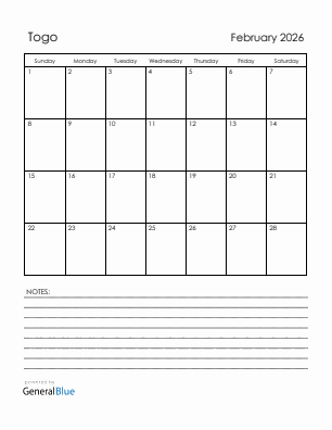 Current month calendar with Togo holidays for February 2026
