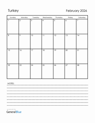 Current month calendar with Turkey holidays for February 2026