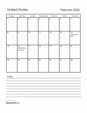 Current month calendar with United States holidays for February 2026