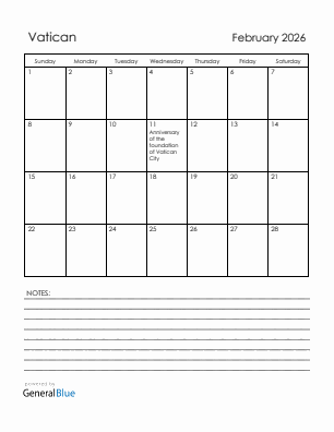 Current month calendar with Vatican holidays for February 2026