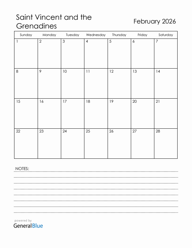 February 2026 Saint Vincent and the Grenadines Calendar with Holidays (Sunday Start)