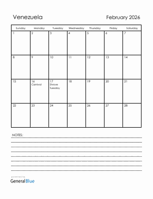 Current month calendar with Venezuela holidays for February 2026
