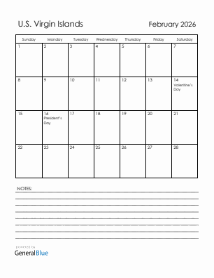 Current month calendar with U.S. Virgin Islands holidays for February 2026