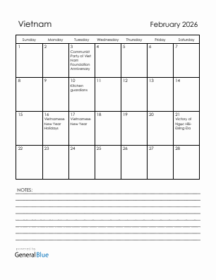 Current month calendar with Vietnam holidays for February 2026