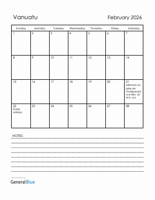 Current month calendar with Vanuatu holidays for February 2026