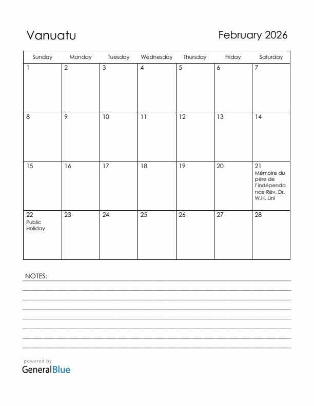 February 2026 Vanuatu Calendar with Holidays (Sunday Start)