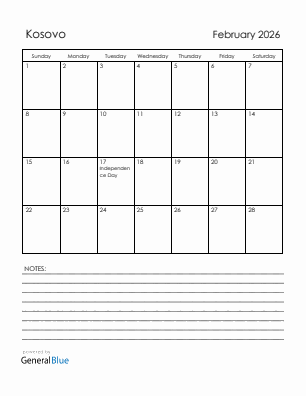 Current month calendar with Kosovo holidays for February 2026