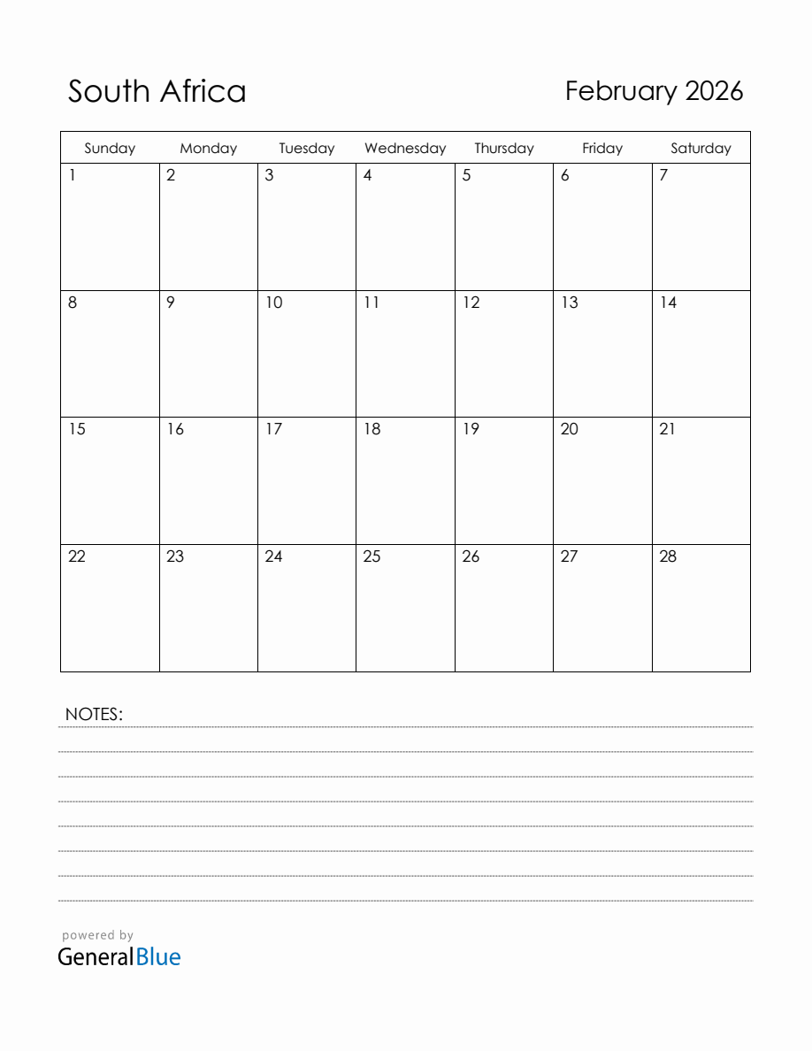 February 2026 south africa calendar with holidays