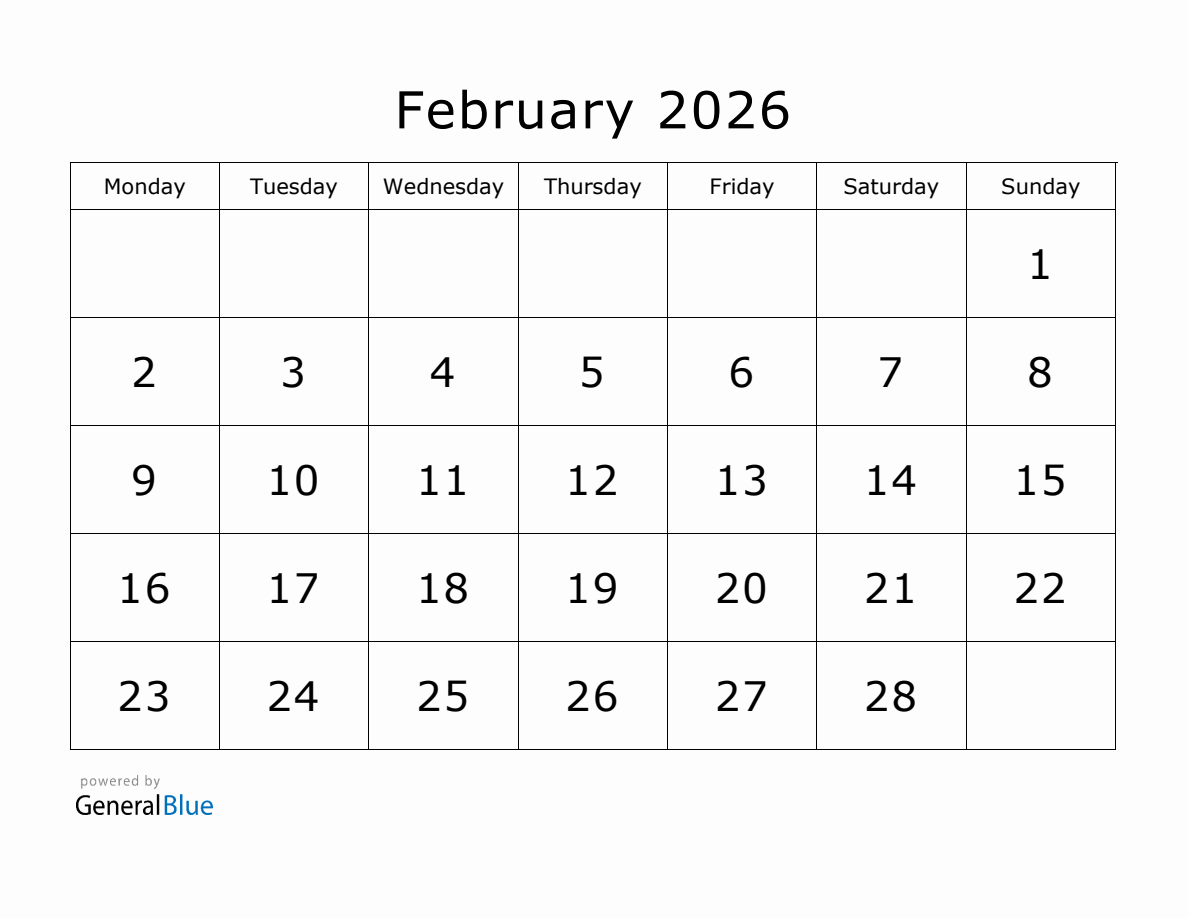 Printable February 2026 Calendar