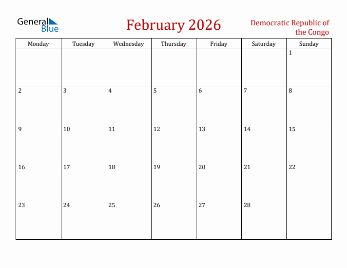 Democratic Republic of the Congo February 2026 Calendar - Monday Start