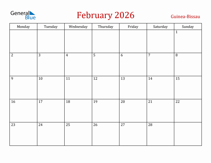 Guinea-Bissau February 2026 Calendar - Monday Start