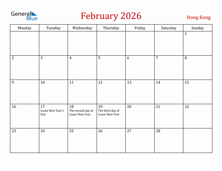 Hong Kong February 2026 Calendar - Monday Start