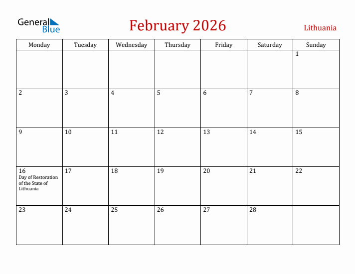 Lithuania February 2026 Calendar - Monday Start