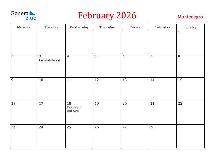 Montenegro February 2026 Calendar - Monday Start