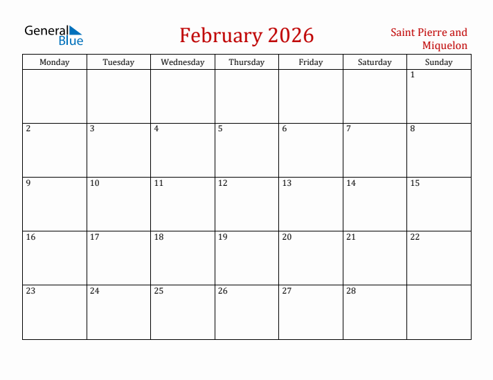 Saint Pierre and Miquelon February 2026 Calendar - Monday Start