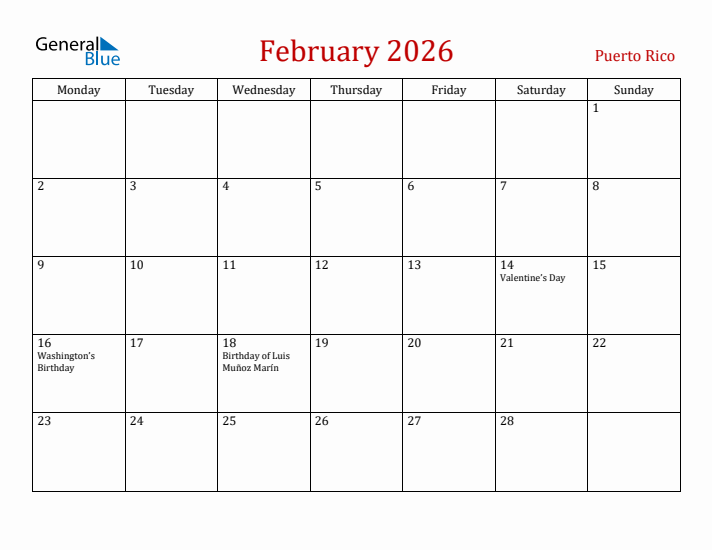 Puerto Rico February 2026 Calendar - Monday Start