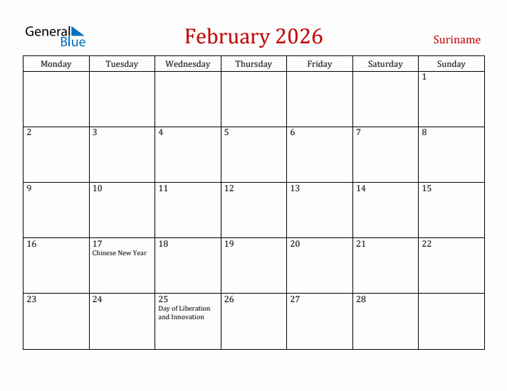 Suriname February 2026 Calendar - Monday Start