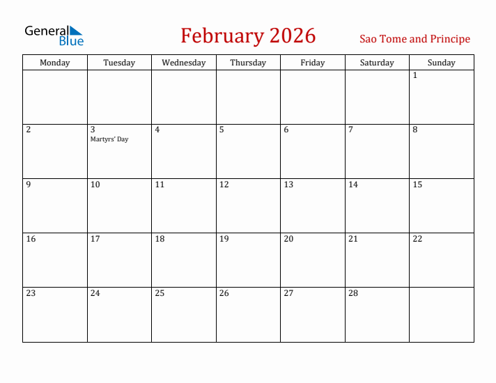 Sao Tome and Principe February 2026 Calendar - Monday Start