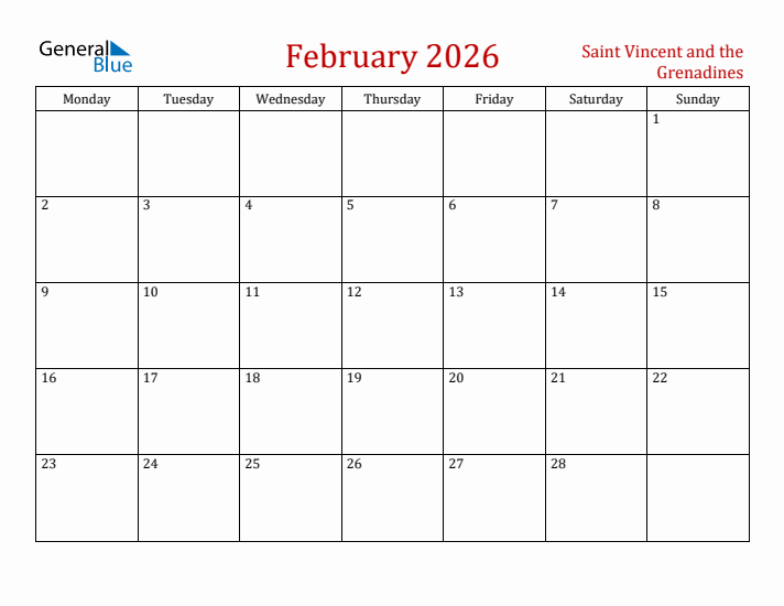 Saint Vincent and the Grenadines February 2026 Calendar - Monday Start