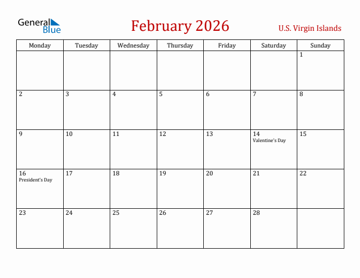 U.S. Virgin Islands February 2026 Calendar - Monday Start