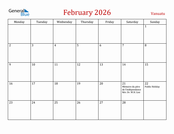 Vanuatu February 2026 Calendar - Monday Start