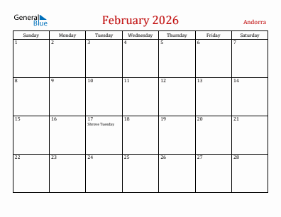 Current month calendar with Andorra holidays for February 2026