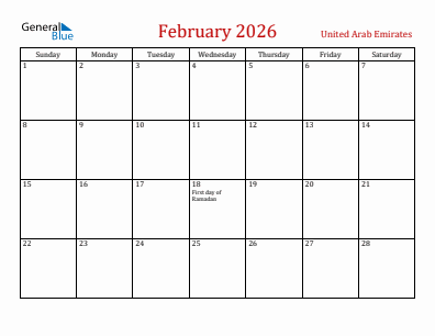 Current month calendar with United Arab Emirates holidays for February 2026