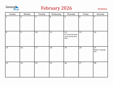 Current month calendar with Armenia holidays for February 2026