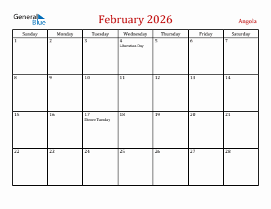 Current month calendar with Angola holidays for February 2026
