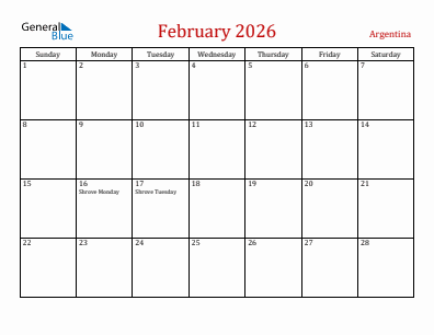 Current month calendar with Argentina holidays for February 2026