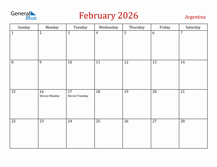 Argentina February 2026 Calendar - Sunday Start