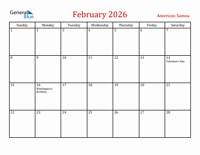 Current month calendar with American Samoa holidays for February 2026
