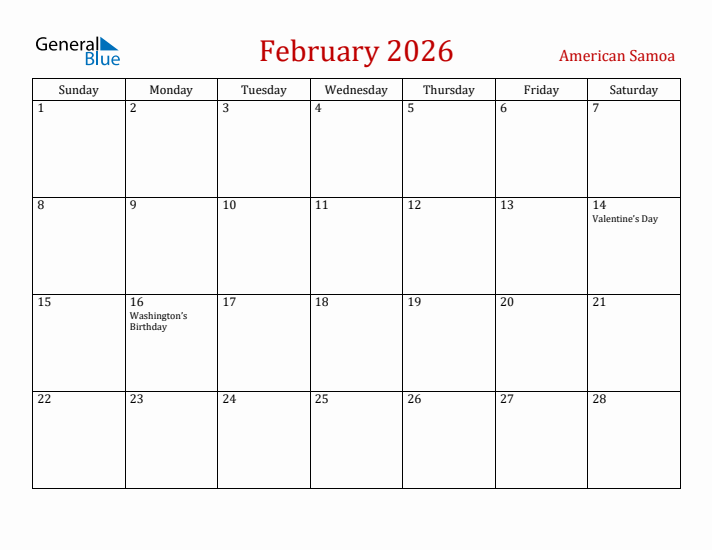 American Samoa February 2026 Calendar - Sunday Start