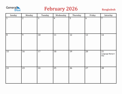 Current month calendar with Bangladesh holidays for February 2026