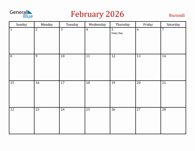 Current month calendar with Burundi holidays for February 2026