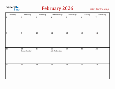 Current month calendar with Saint Barthelemy holidays for February 2026