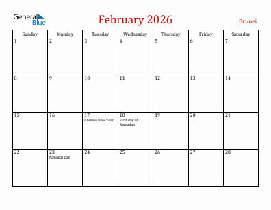 Current month calendar with Brunei holidays for February 2026